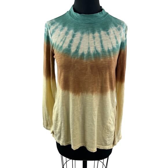 LOGO By Lori Goldstein Top Cotton Green Yellow Tie-Dye Mock Neck Size X-Small XS - Picture 1 of 10